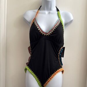 Bar III Be-Weave It Cut Out Maillot One Piece Swimsuit - Size Large Black NWT